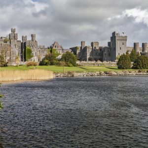 Lakeside view of the luxury 5 star Ashford Castle Hotel, Leaf Island, Co. Galway, Ireland