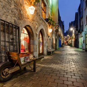 Old street in Galway, Kerwan's Lane, decorated with christmas lights, night scene